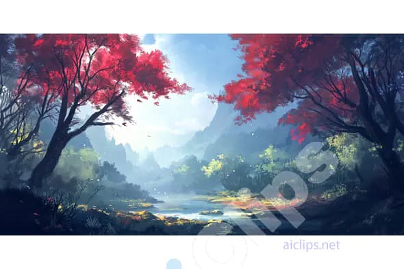 Tranquil Forest with Red Trees