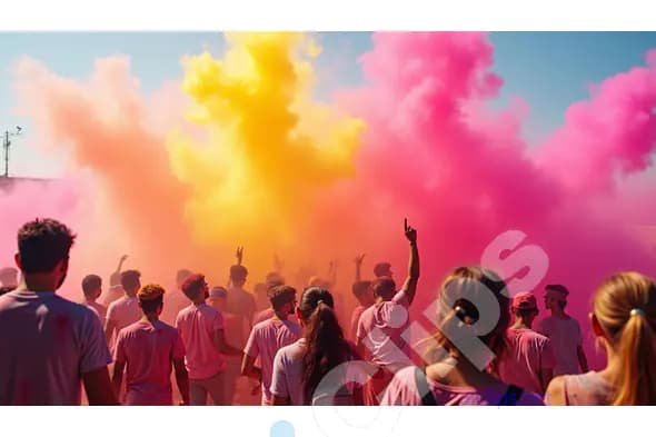 Holi Festival Crowd with Vibrant Clouds of Pink and Yellow Powder