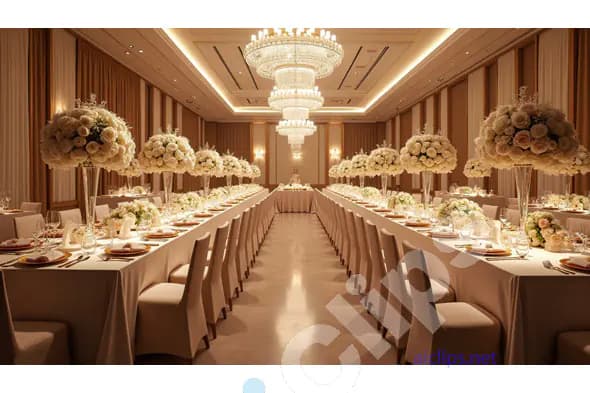Luxurious Wedding Banquet Hall with White Floral Arrangements and Chandeliers
