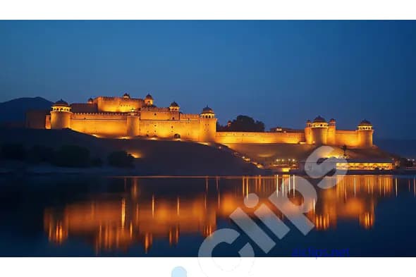 Illuminated Indian Fortress Reflected on a Calm Lake at Twilight