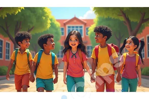 Happy School Children Walking Together
