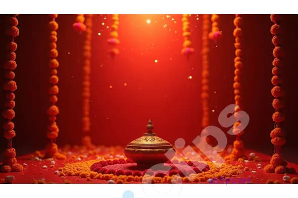 Traditional Kalash with Marigold Garlands on Red Background