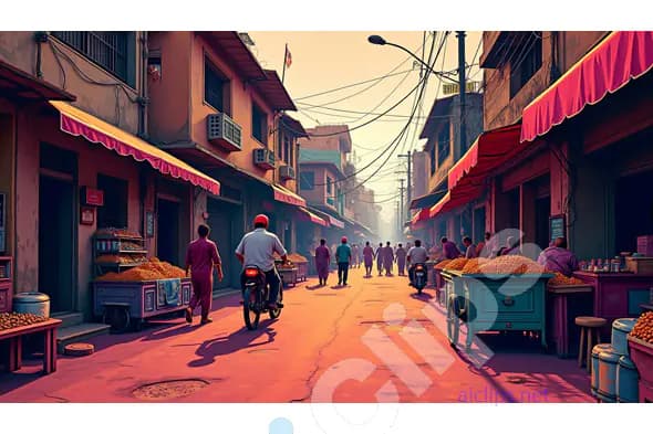 Bustling Indian Market Street at Sunset