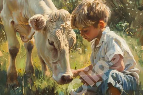 Boy and Calf in Meadow