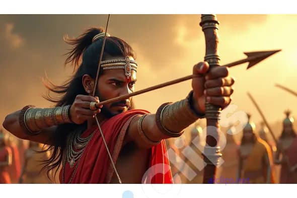 Focused Ancient Warrior with Bow and Arrow in Battle Stance