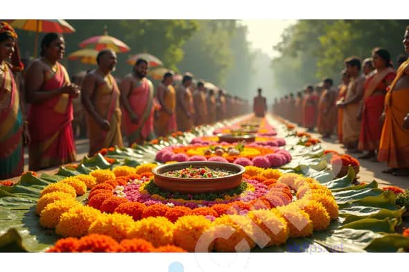 Grand Onam Pookalam Celebration with Traditional Attire and Festivities