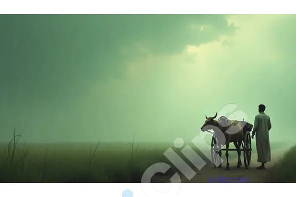 Indian Farmer with Bullock Cart in Misty Green Fields