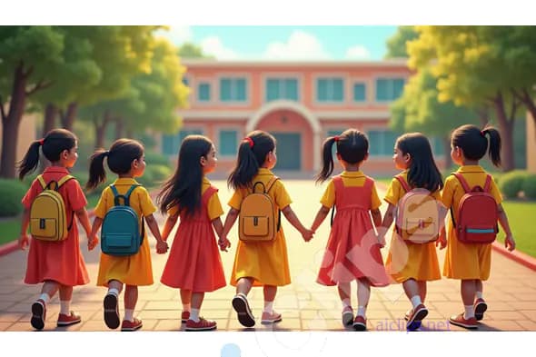 Group of Schoolgirls Walking Hand in Hand