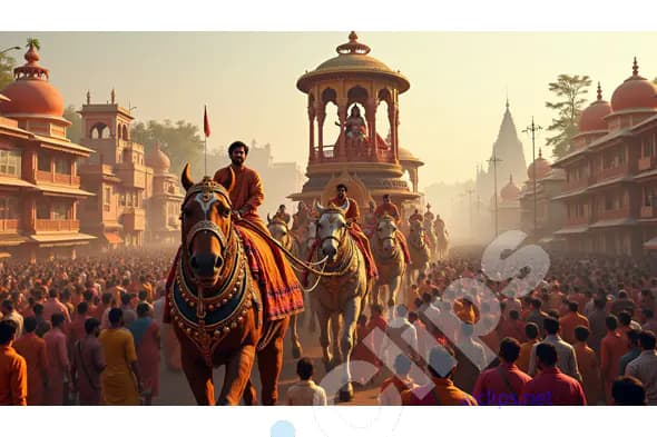 Majestic Indian Procession with Decorated Horses and Chariots