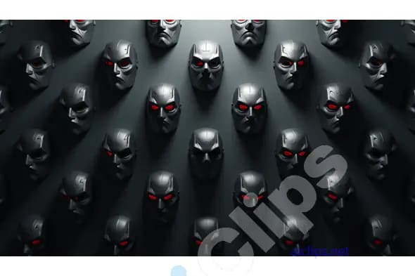 Row of Dark Robotic Masks with Red Eyes on Dark Background