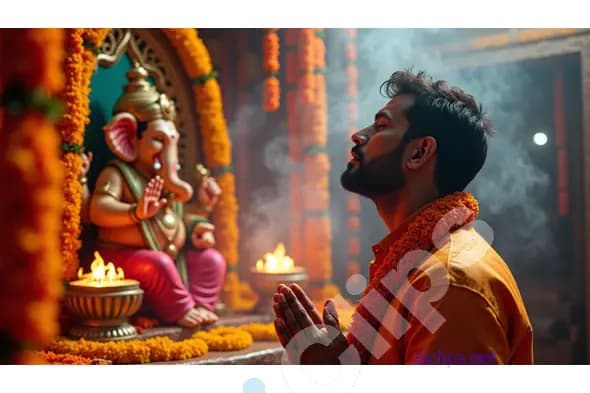 Devotee Praying to Lord Ganesha in a Sacred Temple