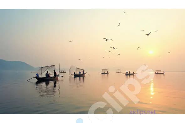 Group of Fishermen on a Calm Lake at Sunrise