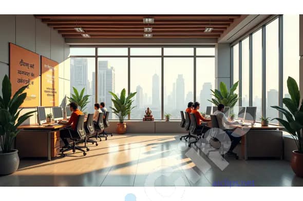 Bright Open Office with Urban Skyline View and Spiritual Decor