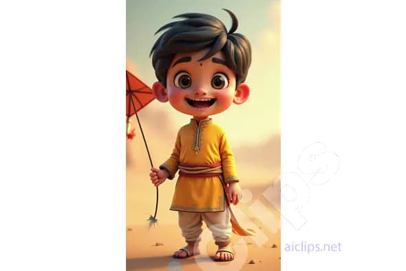 Cheerful Cartoon Indian Boy in Traditional Kurta Holding a Kite