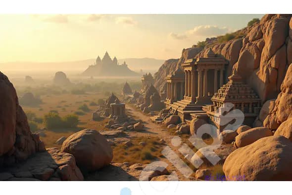Ancient Temple Ruins in a Desert Landscape at Sunset