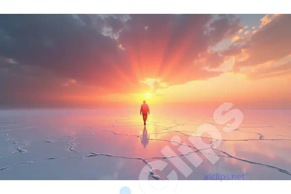 Solitary Figure Walking Toward a Radiant Sunset Over a Cracked Salt Plain