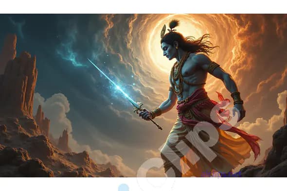Mythological Warrior Wielding a Glowing Sword Under Cosmic Energy