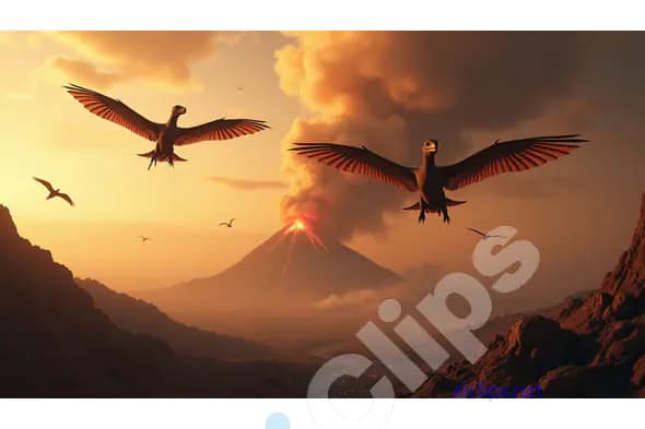 Prehistoric Birds Soaring Over an Erupting Volcano at Sunset