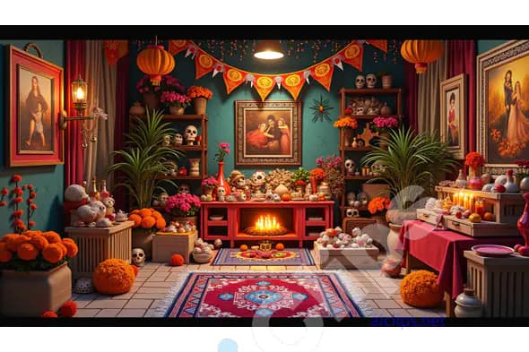 Vibrant Day of the Dead Altar with Decorative Offerings