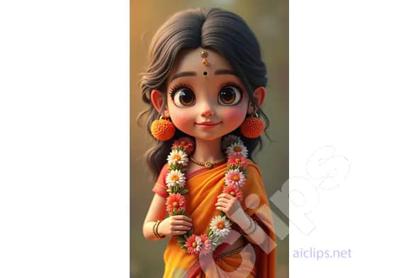 Traditional Indian Girl with Floral Garland in Orange Saree