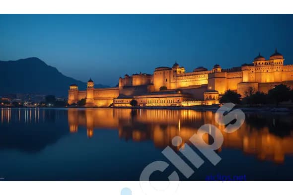 Amber Fort Illuminated at Night with Reflections on Maota Lake