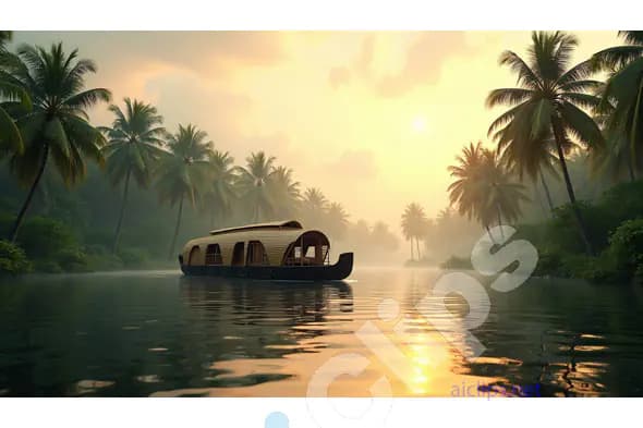 Serene Houseboat in Kerala Backwaters at Sunrise
