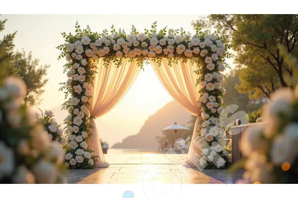 Elegant Outdoor Wedding Arch with White Roses at Sunset