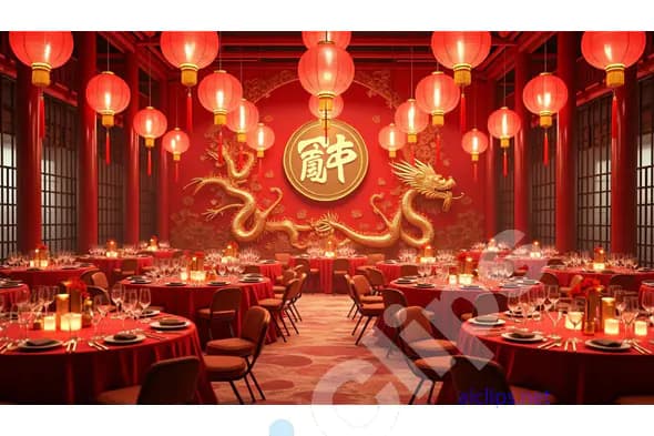Elegant Chinese New Year Banquet Hall with Red Lanterns and Golden Dragon
