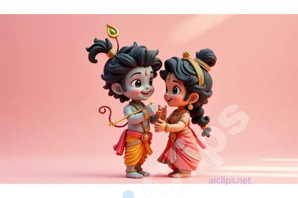 Playful Cartoon Radha & Krishna in Joyful Interaction