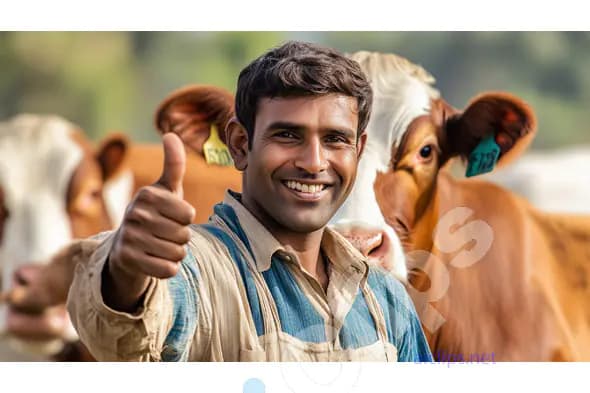 Smiling Indian Farmer Giving Thumbs Up with Cows in the Background