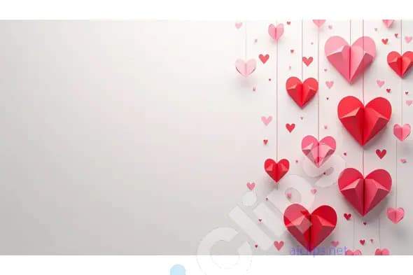 Hanging Origami Hearts on White Background