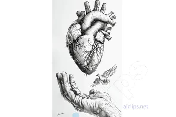 Anatomical Heart with Hand and Bird