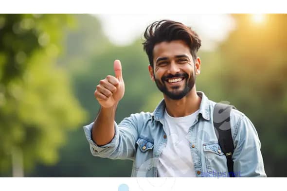 Smiling Young Man Giving a Thumbs Up in Natural Setting