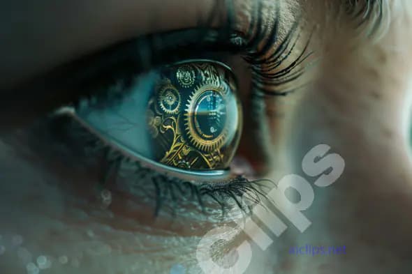 Close-Up of Eye with Mechanical Gears Reflection
