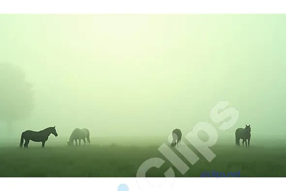 Horses Grazing in Morning Fog