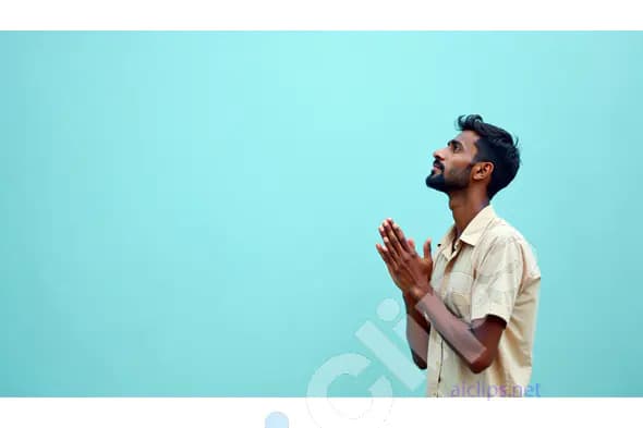 Man Praying Against Light Blue Background