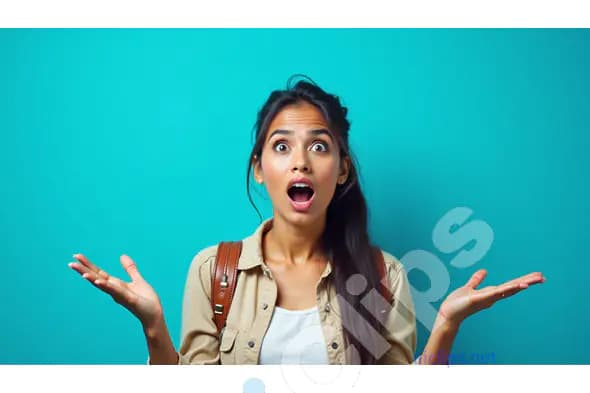 Surprised Young Woman with Open Mouth and Raised Hands