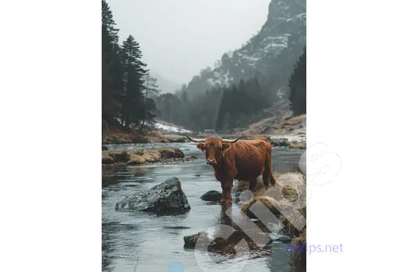 Highland Cow in Mountain Stream