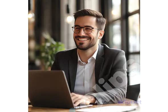 Smiling Businessman Working on Laptop