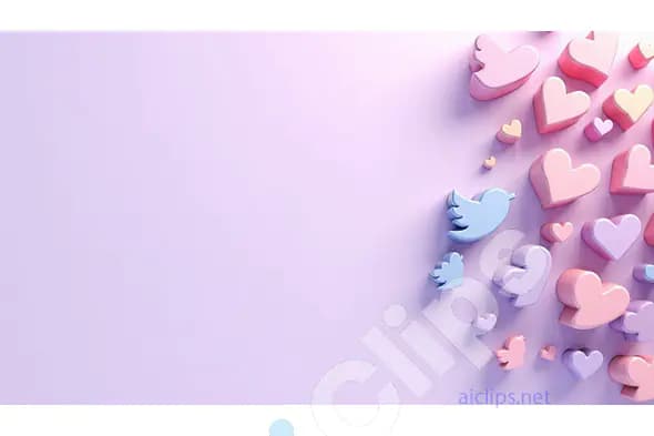 3D Twitter Icons and Hearts on Lavender Background