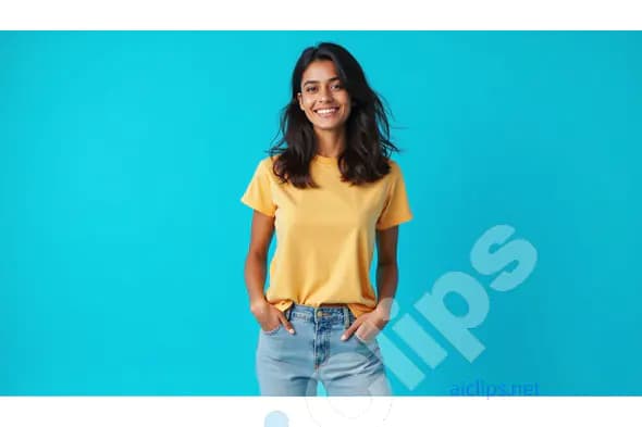 Happy Young Woman in Yellow T-Shirt and Blue Jeans