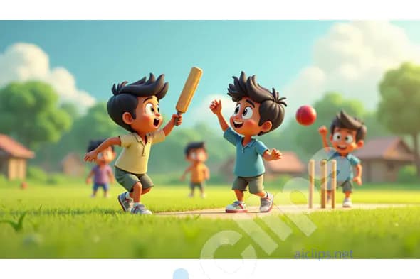 Animated Kids Playing Cricket in a Lush Green Field