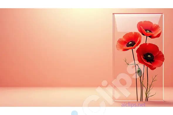 Red Poppies in a Glass Frame on Peach Background