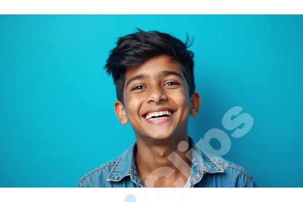 Smiling Indian Boy with Denim Jacket on Turquoise Background