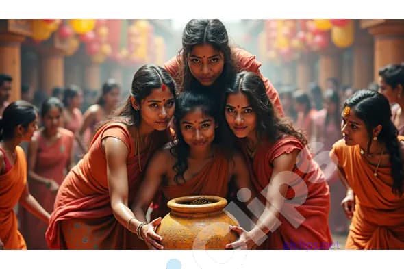 Traditional Indian Women Celebrating with Ritual Pot