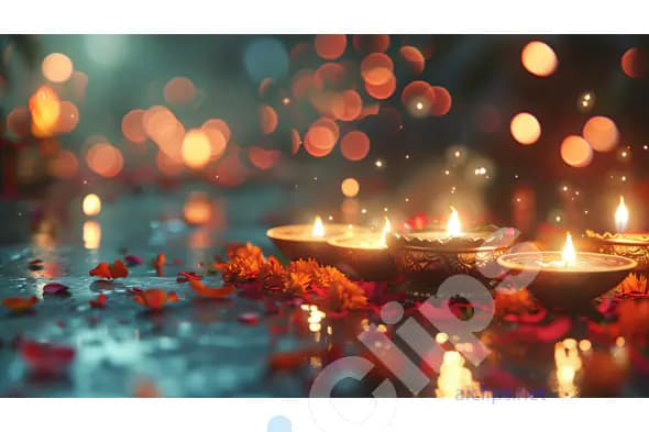 Diwali Diyas with Petals and Bokeh Lights