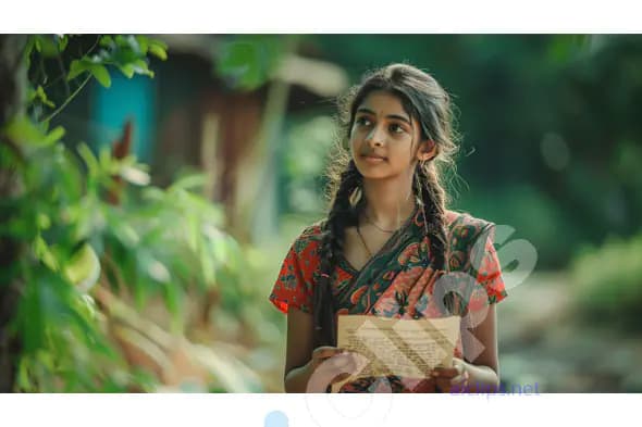 Young Indian Woman Holding a Letter in Serene Village Setting