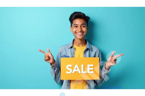 Happy Teenager Holding "SALE" Sign on Blue Background