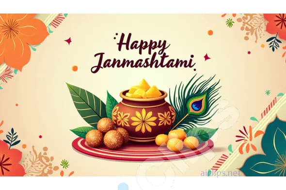 Happy Janmashtami Greeting with Pot and Peacock Feather