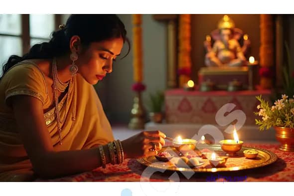 Woman Performing Ganesh Puja with Traditional Offerings